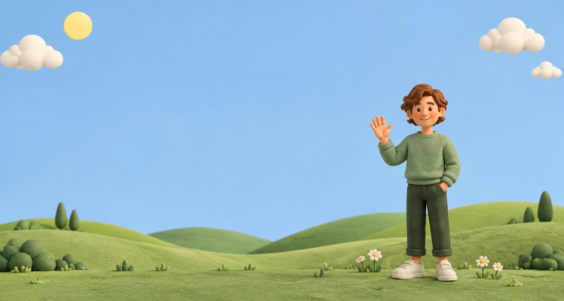 Een vrolijke geïllustreerde Joost zwaait in een landschap met groene heuvels